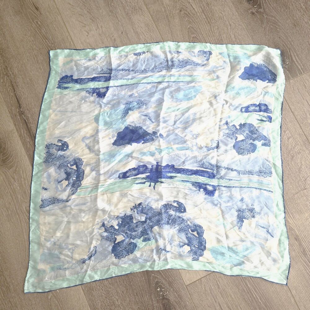 Women's Vintage Vera Silk Scarf Hand rolled Japan 25"x25" Blue Sky Water Fishing